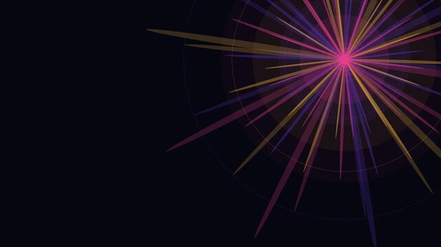 Animated neon starburst mandala in electric magenta, violet and gold rotates in the upper-right frame against deep black, with counter-rotating inner and outer ray layers cycling seamlessly.