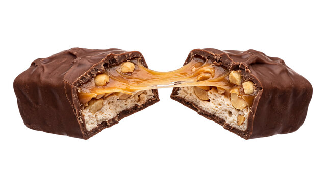Chocolate peanut caramel candy bar broken in half with gooey stretch isolated white