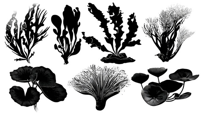 Old scientific illustration of various seaweeds and marine organisms with old engraving ocean plants aquatic plan