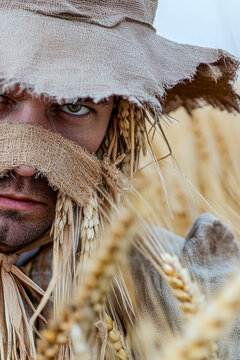 A person wearing a straw hat to conceal their identity, useful for situations where anonymity is desired. vertical frame