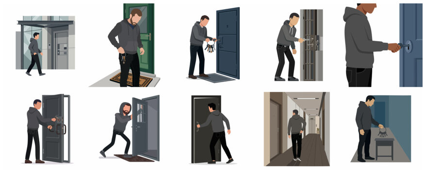 Set of illustrations depicting a burglar or intruder in a hoodie breaking into houses, unlocking doors, and stealing keys, symbolizing home security and crime concepts.