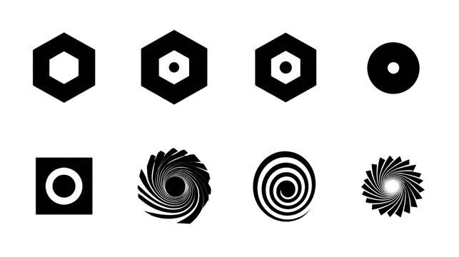 Set of black minimalist abstract logos and geometric symbols with drop shadow on white background