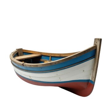 A small wooden boat with a distinctive red, white, and blue stripe pattern