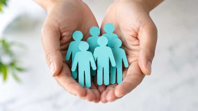 hands holding blue paper people figures, concept of teamwork, workforce support, employee care and community connection, hr services, recruitment agencies, business management