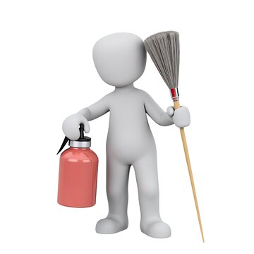 Person holding a brush and fire extinguisher, ready for training or emergency response