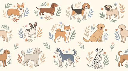 Obraz premium Botanical floral puppy seamless pattern, aesthetic 2D dog background with cozy dog breeds and leaves foliage illustration