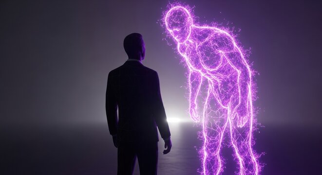 Businessman meeting a glowing purple digital human silhouette in dark room illustration