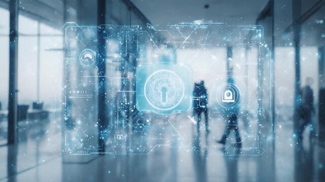 Futuristic digital hologram interface displaying data in a modern office hallway with walking people