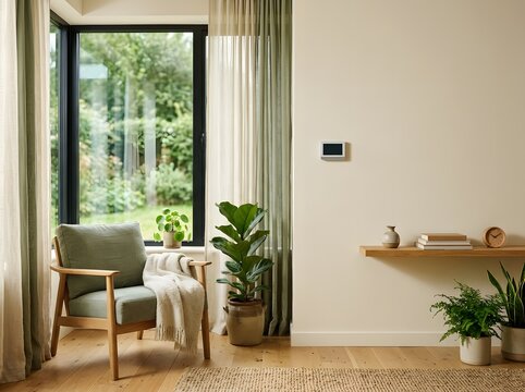 Modern living room corner with green armchair and minimalist wooden wall shelf home interior cozy corner wooden furniture home decor indoor plants home design comfortable chair floating shelf