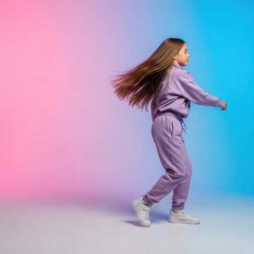 Happy girl dancing and spinning with long hair in studio illustration
