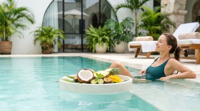 Woman relaxing in spa pool with floating tropical fruit tray, luxury wellness vacation