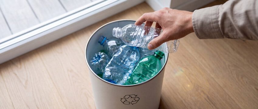 Plastic bottle thrown into recycling bin filled with clear and green containers on wooden floor, illustrating domestic waste management and responsible sustainable lifestyle