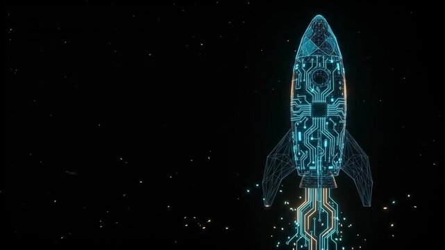 Futuristic digital rocket launch with circuit board patterns. Glowing blue spaceship ascent in deep space. High-tech startup growth concept.