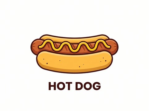 Classic Hot Dog with Mustard Illustration on White Background, Perfect for Fast Food Menus, Cookout Invitations, and Summer Picnic Designs, Featuring a Deliciously Toasted Bun and Wavy Yellow Mustard.