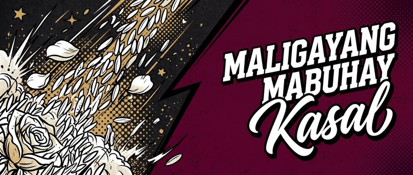 Filipino Wedding Banner Rice Grains falling with comic pop art roses celebrating Maligayang Mabuhay Kasal greeting vector text typography dynamic halftone background for Tagalog marriage celebration