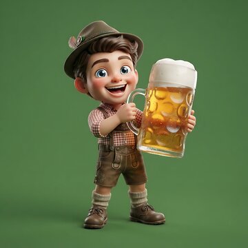Cheerful boy in traditional folk costume holding a large beer stein mug