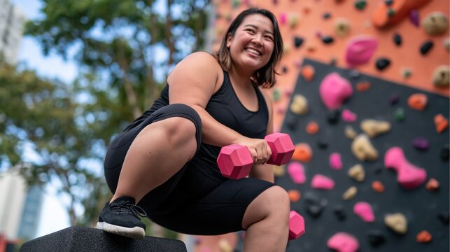 Plus - size woman performing dumbbell step - up exercise outdoors near climbing wall