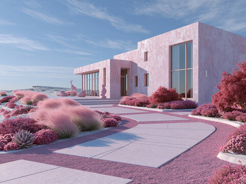 Pale pink plaster villa nestles among pink ornamental grasses and succulents under clear blue sky in serene desert landscape.