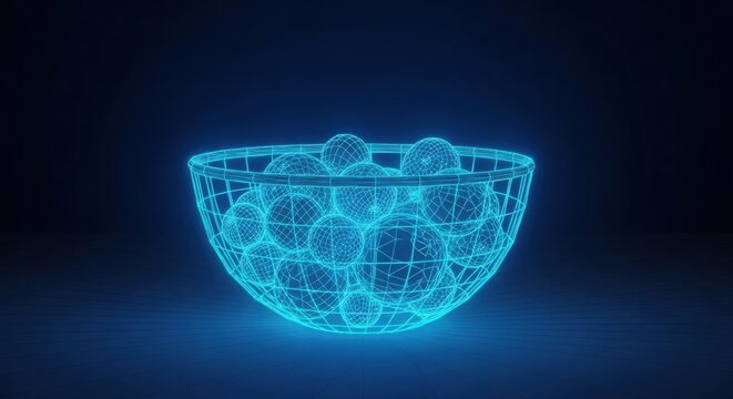 Blue wireframe digital bowl filled with glowing spheres in dark space illustration