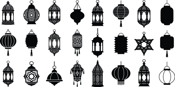 Traditional Arabic and Asian Lantern Silhouette Icons Set