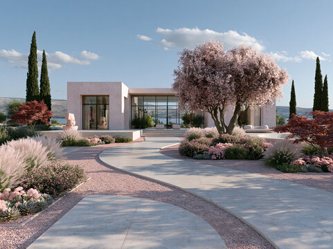 Pale pink plaster villa nestles among pink ornamental grasses and succulents under clear blue sky in serene desert landscape.