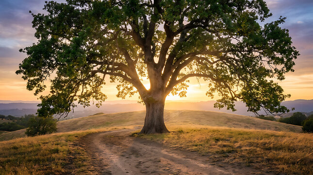 Large oak tree on top of a grassy hill during a golden sunset with golden hour