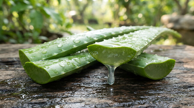 Fresh cut aloe vera leaves with dripping gel on a rustic wooden surface for skincare