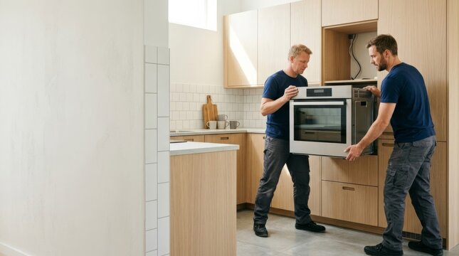 Kitchen Installers Fitting Built-In Oven into Oak Cabinetry with Soft Lighting and Copy Space