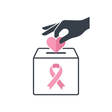 Donating to breast cancer research with a pink heart and ribbon flat icon