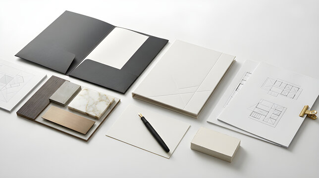 Corporate branding stationery mockup with folders and business cards on white background