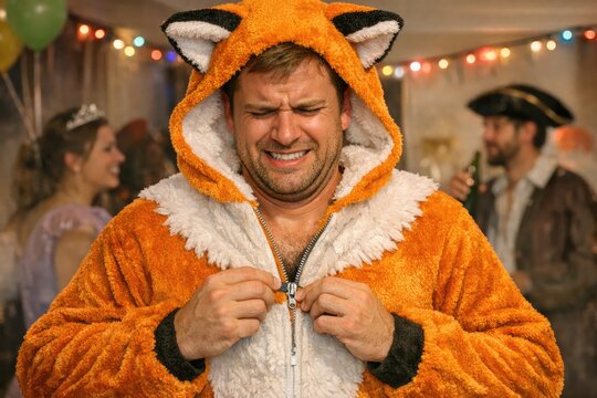 A person wearing a fox costume with a happy expression, suitable for Halloween or autumn-themed projects
