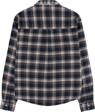 Rear view of a casual long-sleeve flannel shirt featuring a dark navy and beige plaid check pattern isolated on a transparent background