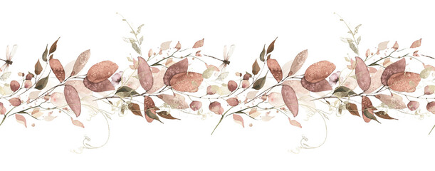 Obraz premium Watercolor painted foliage floral seamless border. Orange and pink autumn wild flowers, branches, leaves, sprigs and twigs garland. Fall nature hand drawn design clipart. The aesthetics of fading.