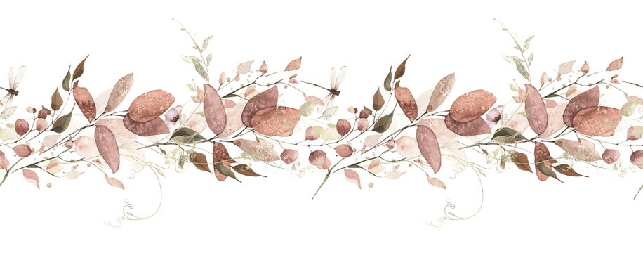 Watercolor painted foliage floral seamless border. Orange and pink autumn wild flowers, branches, leaves, sprigs and twigs garland. Fall nature hand drawn design clipart. The aesthetics of fading.