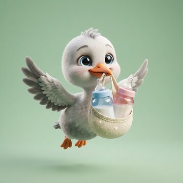 Cute cartoon stork flying and carrying baby bottles with milk in a small pouch bag