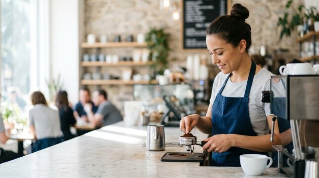 Barista meticulously tamping espresso grounds for perfect coffee preparation in a bright, modern cafe with natural light and textured walls