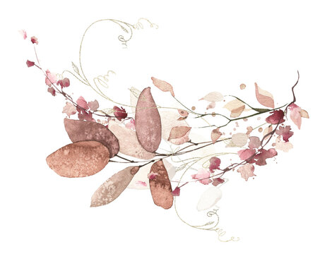 Watercolor floral fall arrangement frame. Red, burgundy, brown, pink autumn wild flowers, eucalyptus branches, leaves and twigs. Hand painted isolated template design.