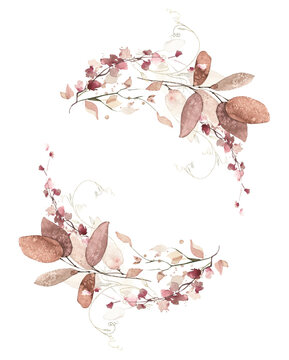 Watercolor floral fall wreath frame. Red, burgundy, brown, pink autumn wild flowers, eucalyptus branches, leaves and twigs. Hand painted isolated template design.
