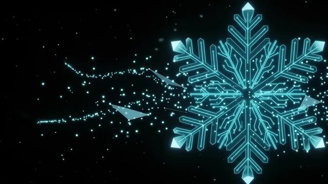 Futuristic digital snowflake with circuit board patterns, glowing blue neon ice crystal on black background, high-tech winter concept