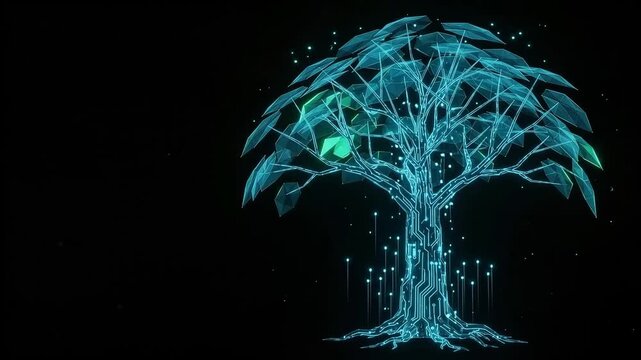 Futuristic digital tree with glowing blue circuit lines, cybernetic nature concept on black background, high-tech data growth visualization