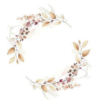 Watercolor floral fall wreath frame. Red, burgundy, brown, pink autumn wild flowers, eucalyptus branches, leaves and twigs. Hand painted isolated template design.