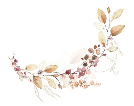 Watercolor floral fall arrangement frame. Red, burgundy, brown, pink autumn wild flowers, eucalyptus branches, leaves and twigs. Hand painted isolated template design.