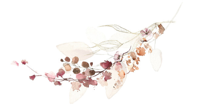 Watercolor floral fall arrangement frame. Red, burgundy, brown, pink autumn wild flowers, eucalyptus branches, leaves and twigs. Hand painted isolated template design.