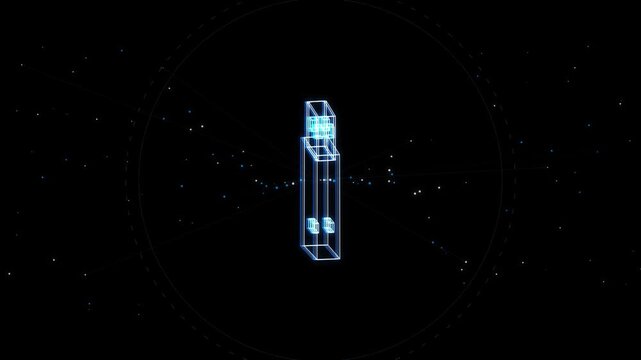 Glowing digital usb drive spinning in animated wireframe motion 