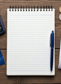 Blank notebook on table with pen, calculator, and coins, ready for planning or note-taking