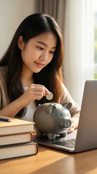 Young woman deposits coin into piggy bank while using laptop at home