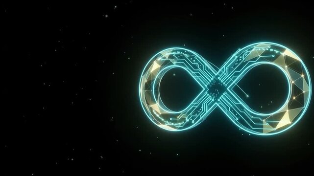 Futuristic infinity symbol with glowing circuit board patterns. Digital loop of endless data technology. Neon cyan geometric infinity sign.