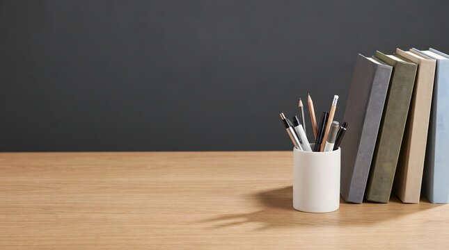 Still life with vintage books writing tools and dark chalkboard background
