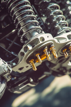 Close-up shot of a motorcycle's front suspension components. vertical frame