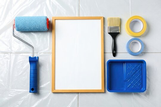 Painting tools and materials on a surface ready for a home improvement task